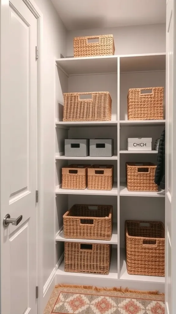 A small walk-in closet with organized shelves featuring wicker baskets and bins.