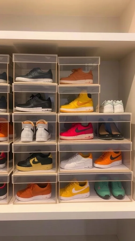 A collection of shoes displayed in clear storage boxes for easy visibility.