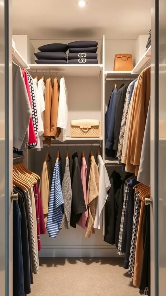 A small walk-in closet featuring double hanging rods with neatly arranged clothes and storage boxes.