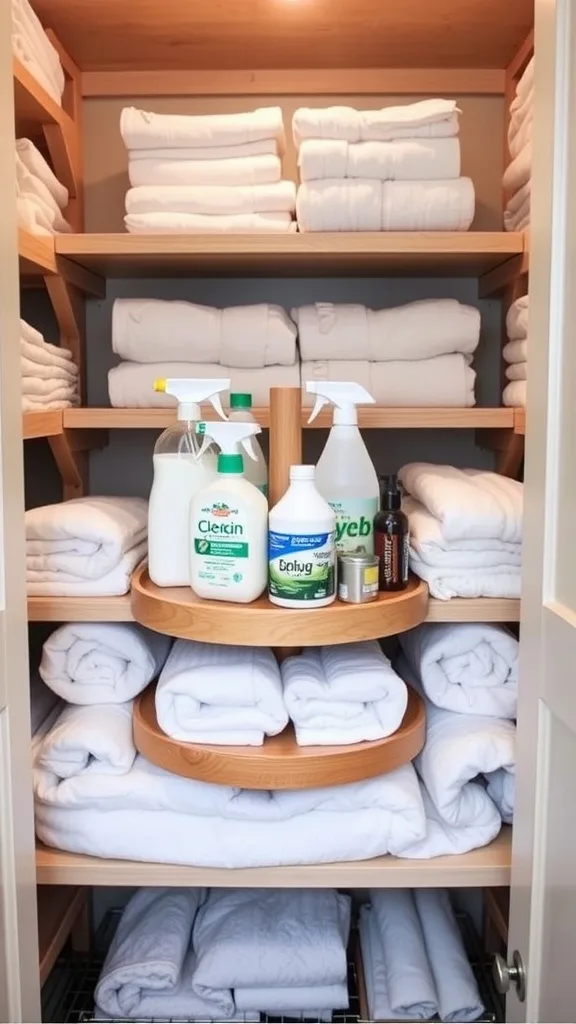 A well-organized linen closet featuring a lazy Susan with cleaning supplies and neatly folded towels.