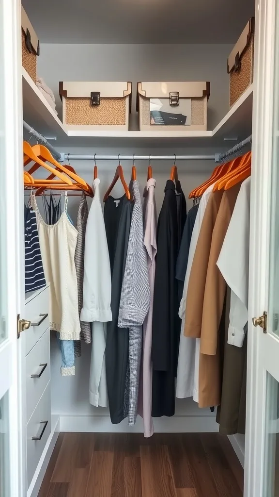 A neatly arranged small walk-in closet with matching hangers.