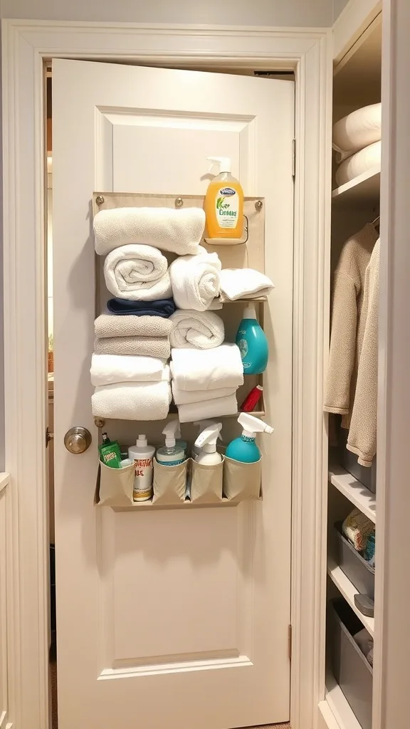 Over-the-door organizer filled with towels and cleaning supplies