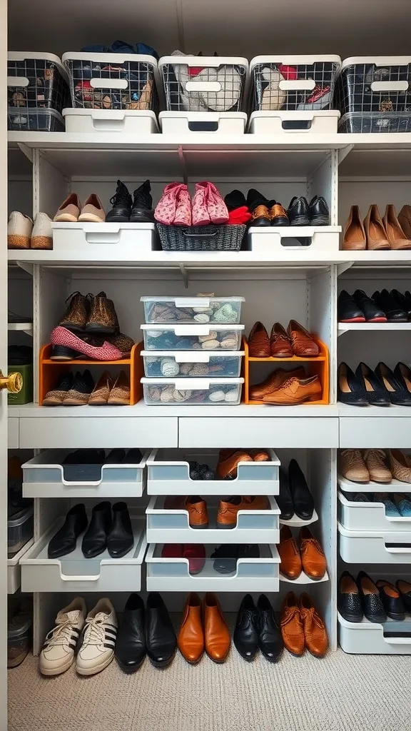 Organized shoe closet with stackable bins and drawers, showcasing various types of shoes.