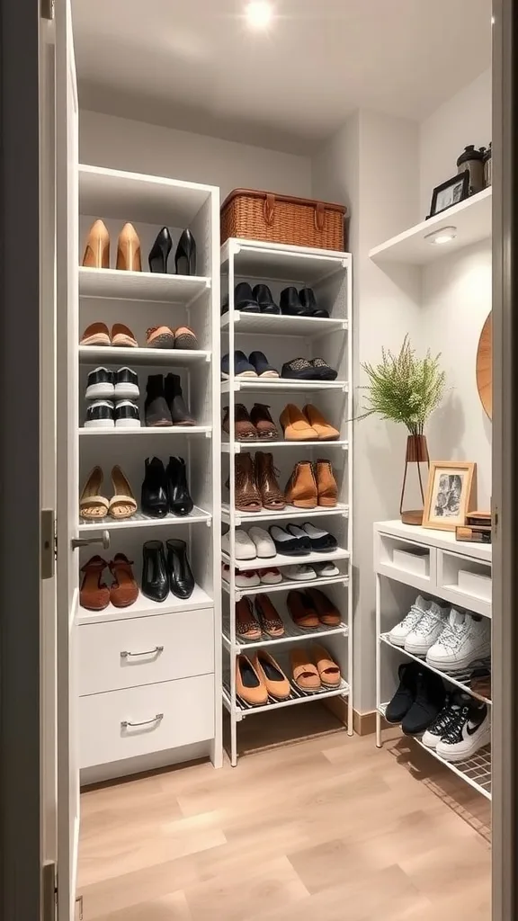 A small walk-in closet showcasing neatly organized stackable shoe racks filled with various shoes.