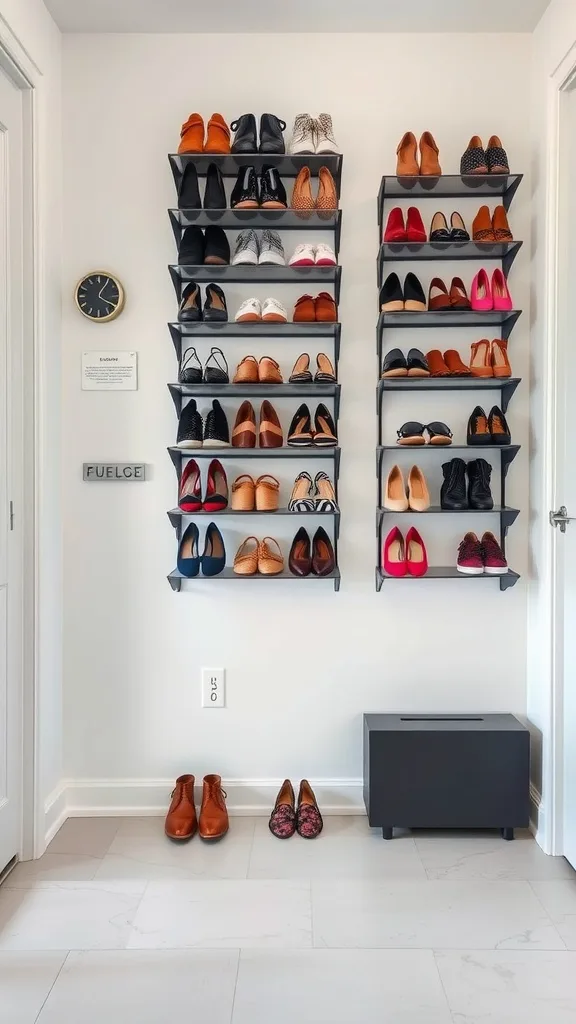 A stylish wall-mounted shoe rack displaying various pairs of shoes organized by color and style