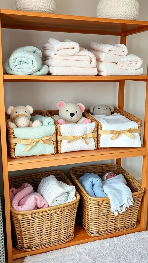 Wicker baskets filled with baby blankets and swaddles on a shelf