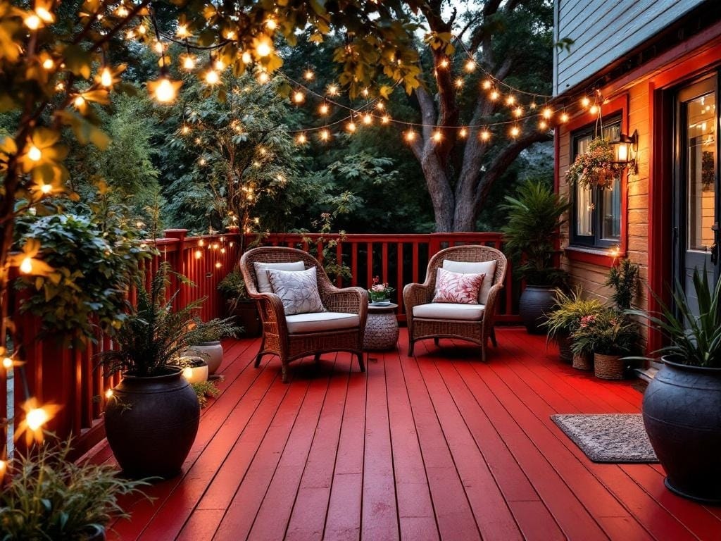 An outdoor deck painted in a vibrant brick red colour with cozy patio chairs, plants, fairy lights - in an early evening lighting.
