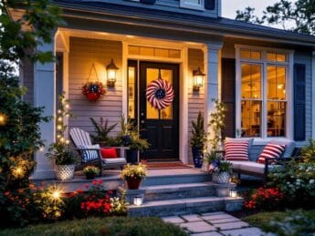 A front porch with vibrant patriotic decor for Fourth of July.