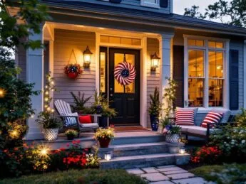 A front porch with vibrant patriotic decor for Fourth of July.