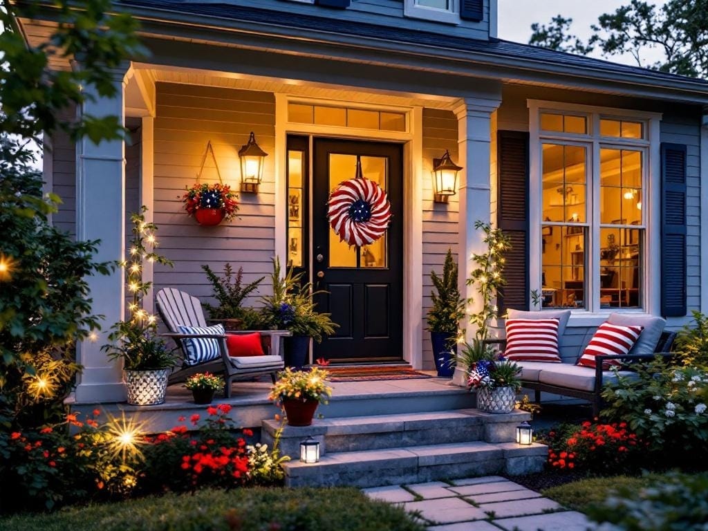 A front porch with vibrant patriotic decor for Fourth of July.