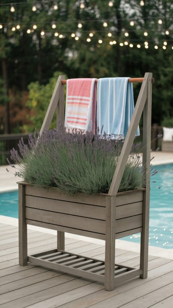 Pool towel rack with a planter rack at the bottom