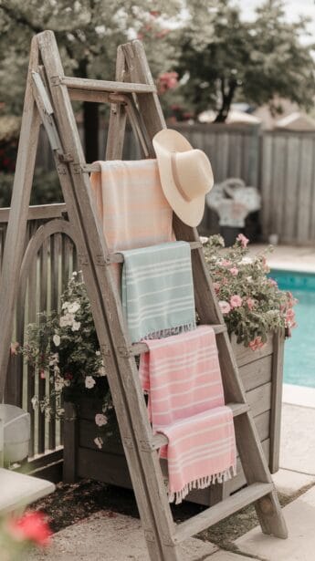 A ladder repurposed for hanging pool towels