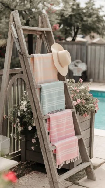 A ladder repurposed for hanging pool towels