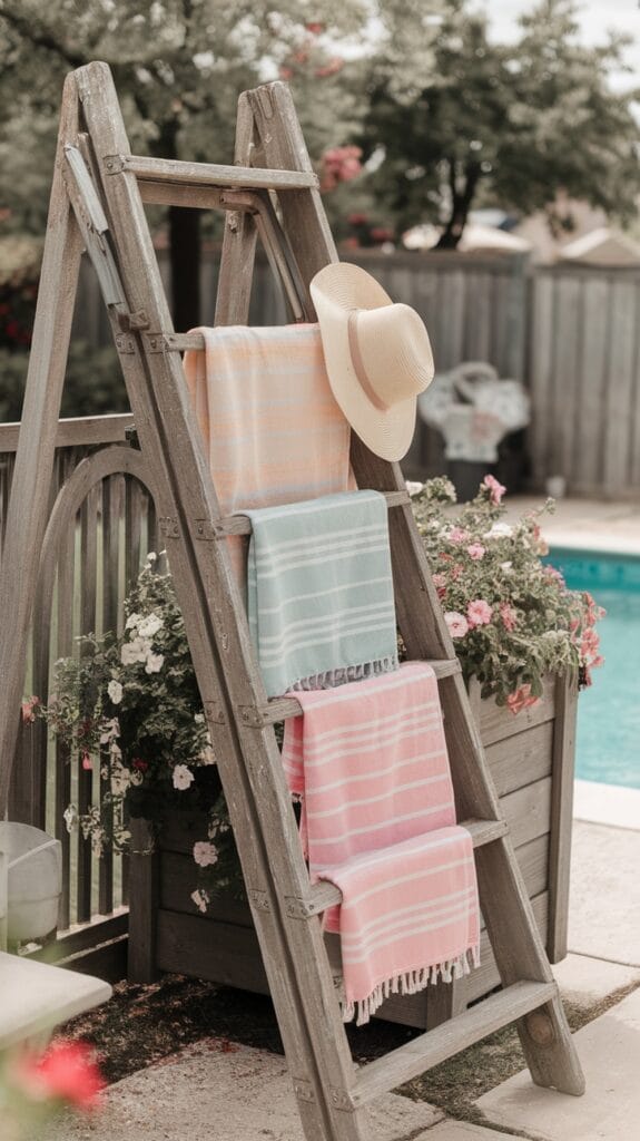A ladder repurposed for hanging pool towels