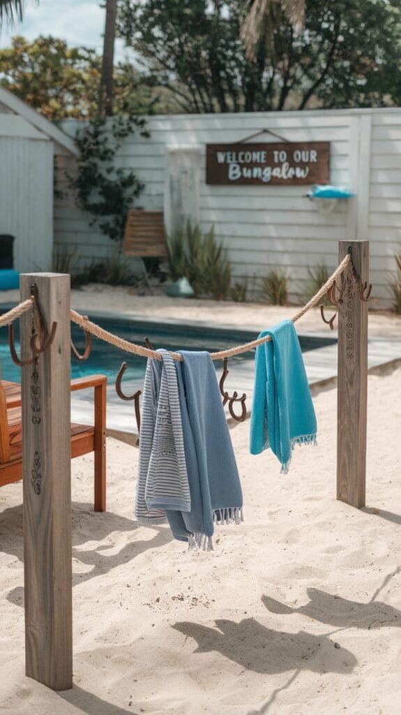 Pool Towels hanging on a rope between wooden poles on a deck