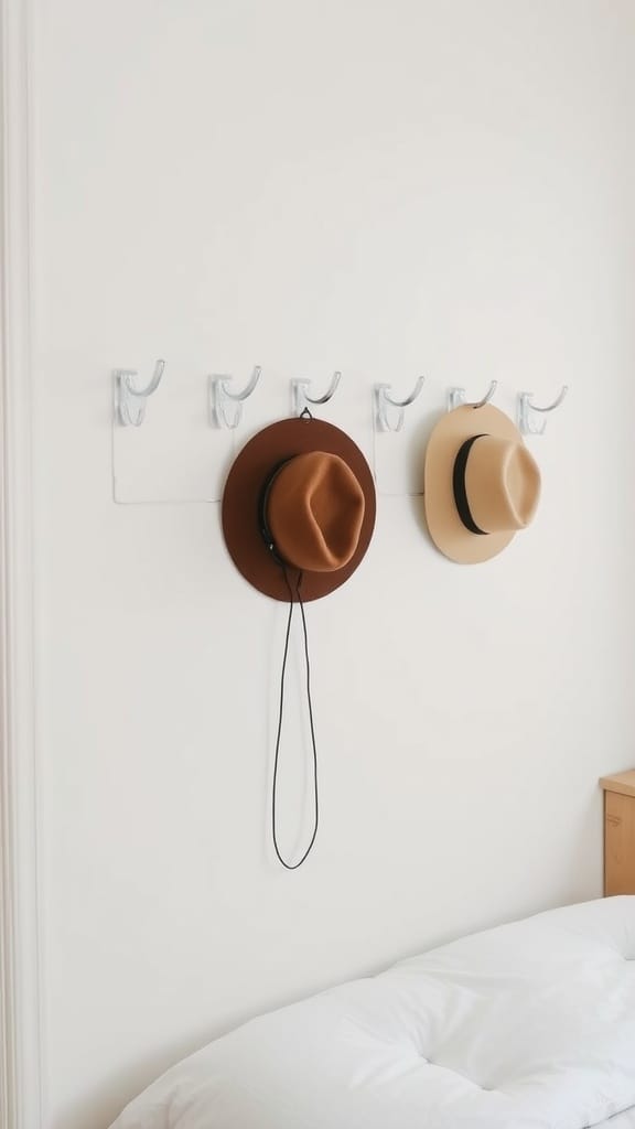 Acrylic wall hooks with hats hanging on them against a white wall.