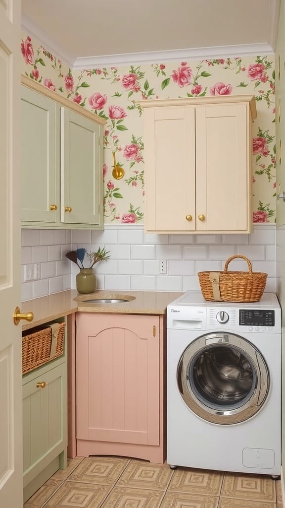 A laundry room with floral wallpaper, beige cabinets, and a washing machine.