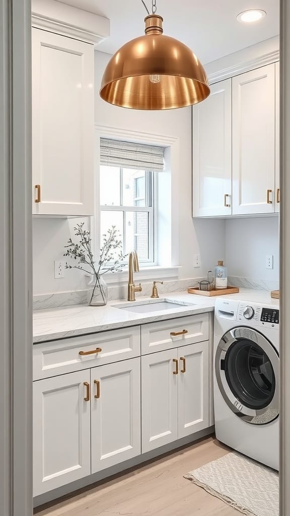 A stylish laundry room featuring white cabinets, gold hardware, and a copper pendant light.
