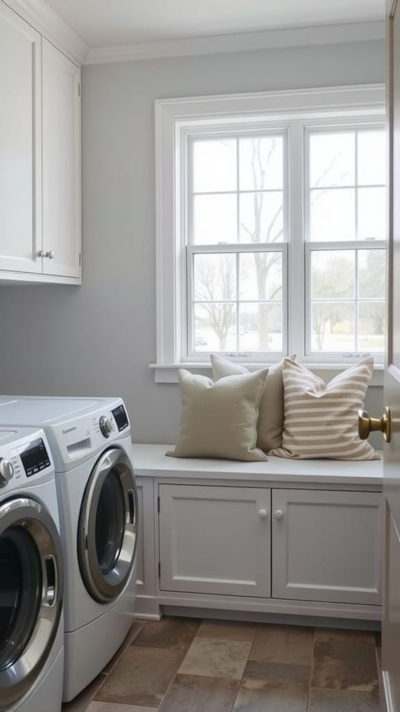 Laundry room featuring a built-in bench under a window with pillows.