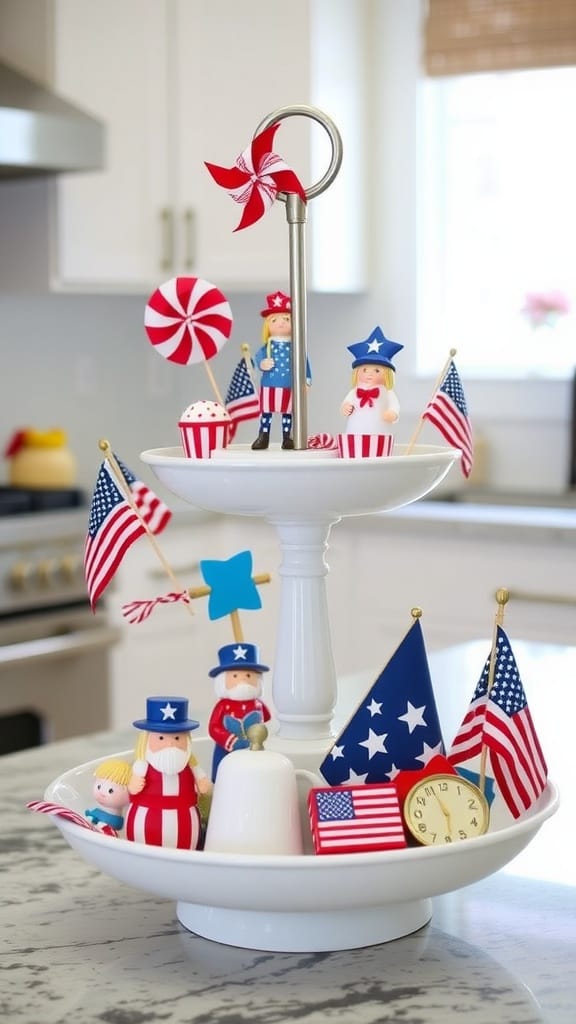 A decorative tiered tray featuring patriotic items like mini flags, cupcakes, and themed figurines in red, white, and blue.
