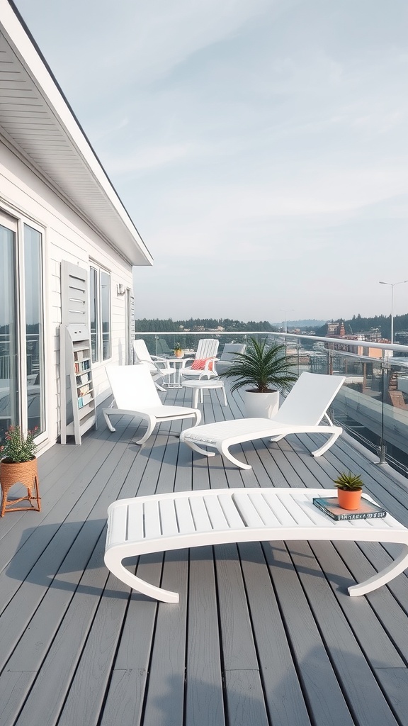A modern deck stained in ash grey, featuring white lounge chairs and potted plants.