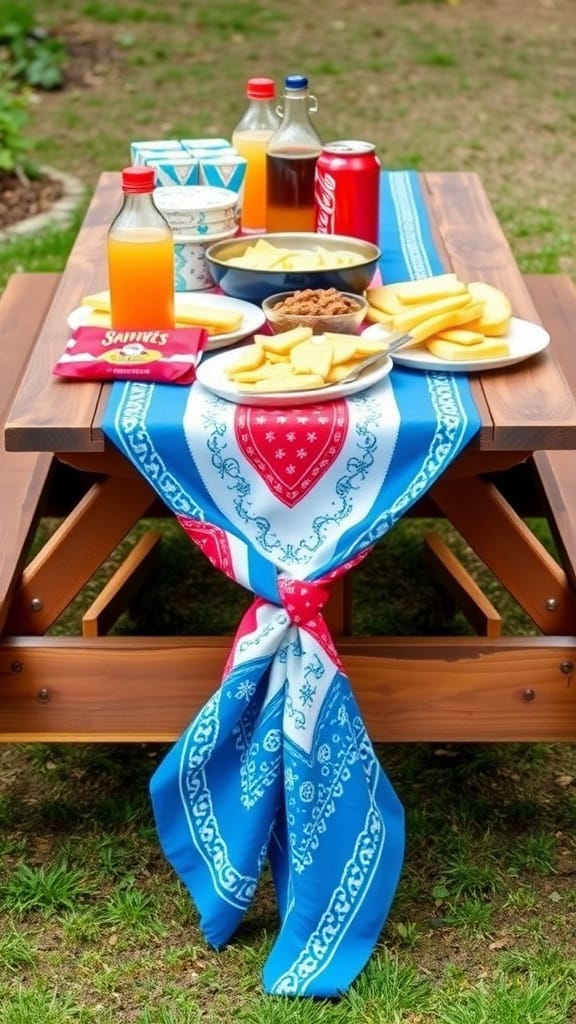 A picnic table featuring a bandana table runner with snacks and drinks.