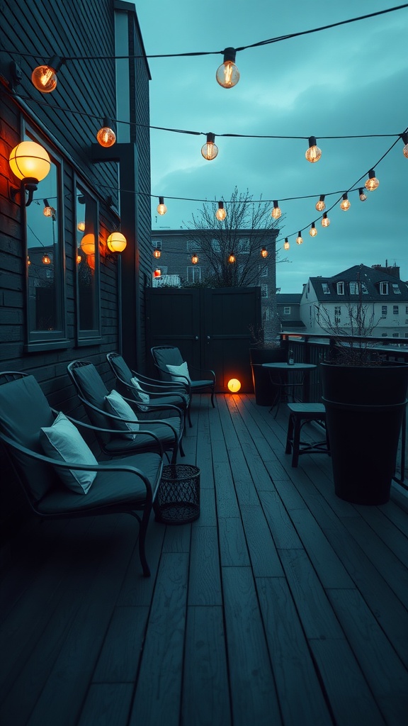 A stylish deck with blue-black stained wood, cozy seating, and warm string lights.