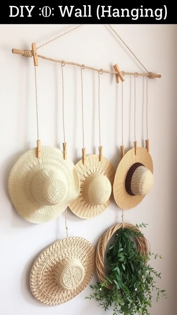 Boho hat display made with twine and clips, featuring straw hats and greenery.