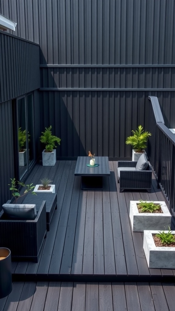 A modern outdoor deck featuring charcoal-colored flooring and walls, with stylish black furniture and green plants.
