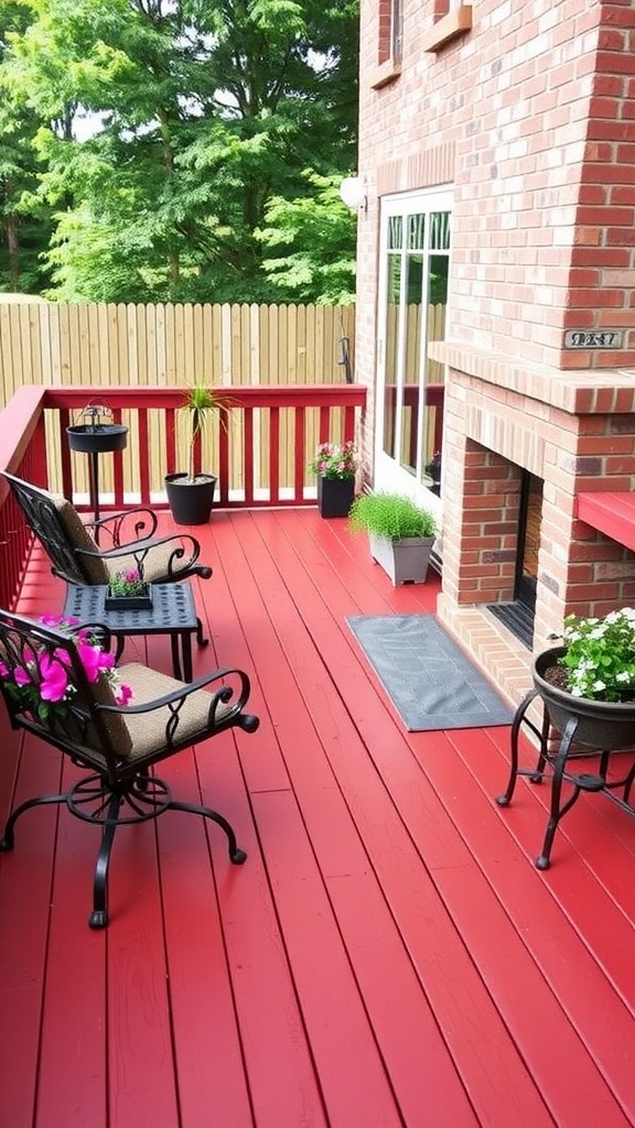 A cozy outdoor area featuring a brick wall, black chairs, and colorful flower pots.