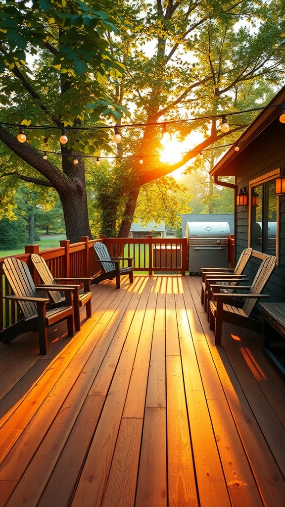 A beautiful cedar deck illuminated by sunset with chairs and greenery.