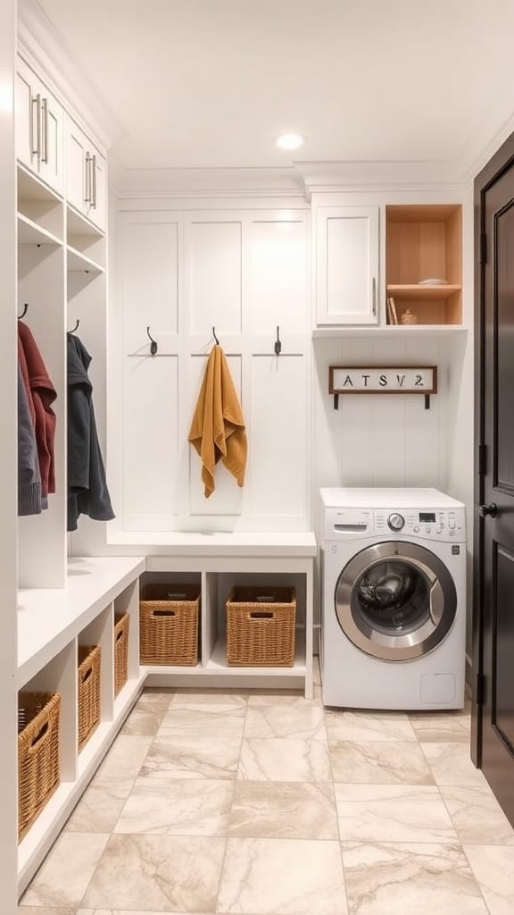 A stylish laundry room combined with a mudroom design, featuring organized storage and a washer.
