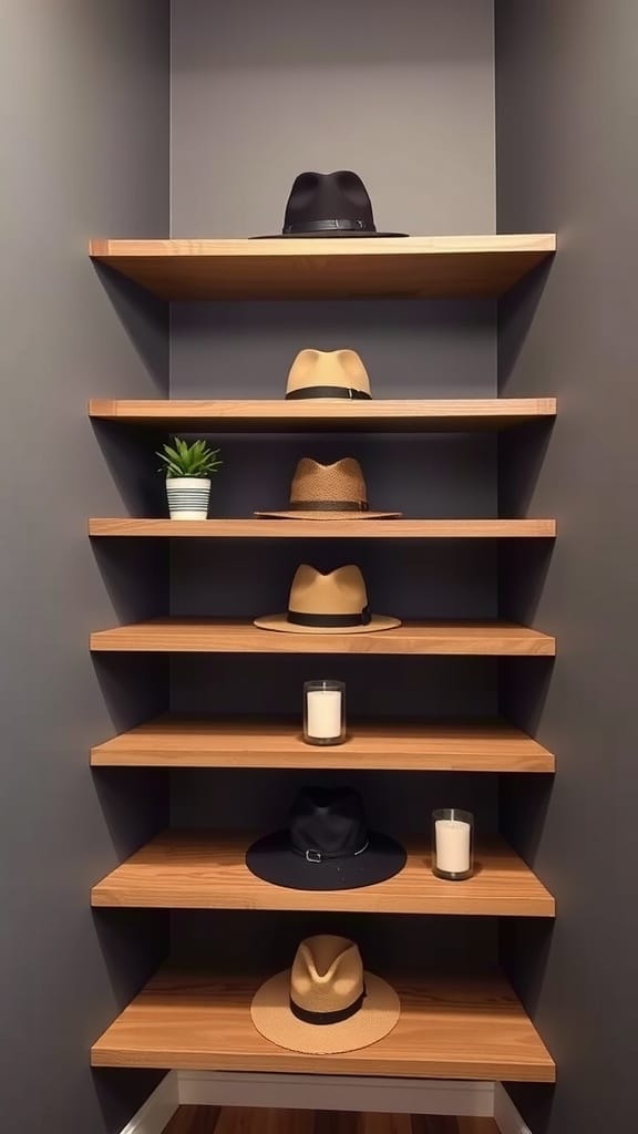 A wooden corner shelf displaying various hats and decorative items.