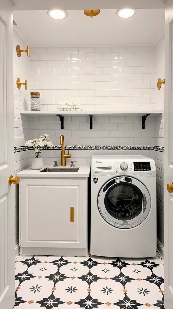 A stylish laundry room featuring bold patterned tile flooring and modern appliances.