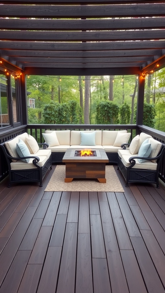 A cozy outdoor seating area with deep espresso stained decking and a fire pit.