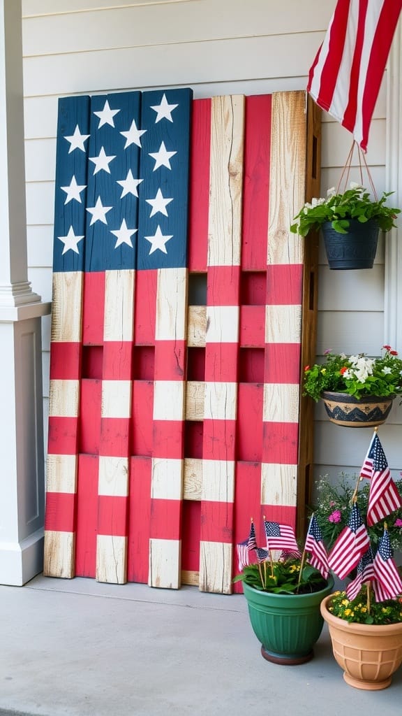 A colorful DIY flag pallet sign featuring red, white, and blue colors with stars, displayed on a porch.