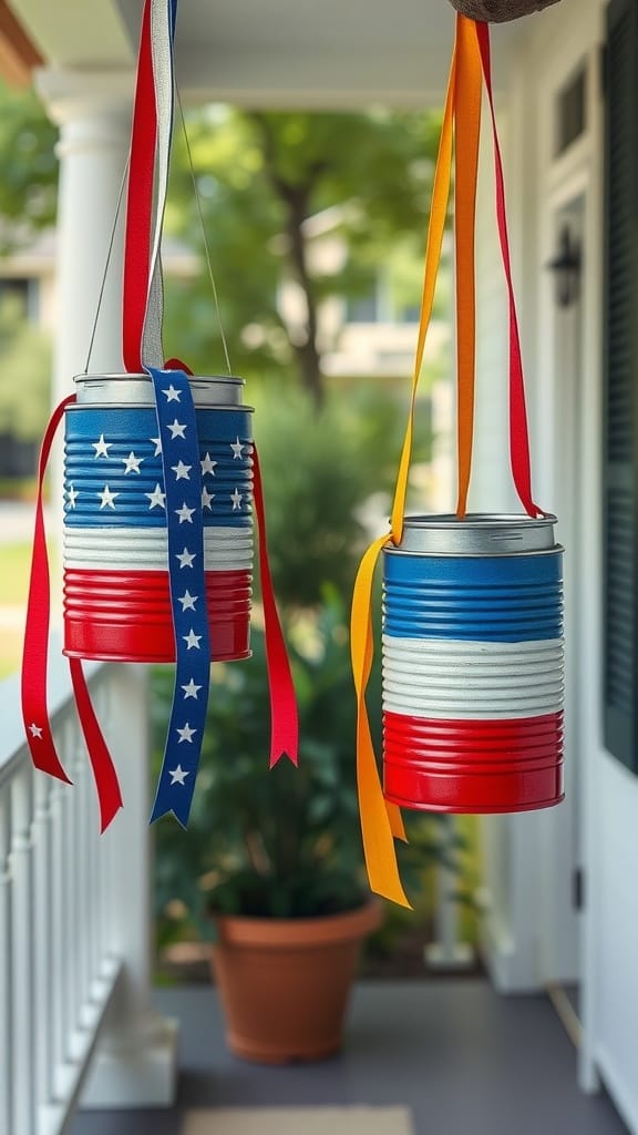 DIY patriotic windsocks made from cans with red, white, and blue designs