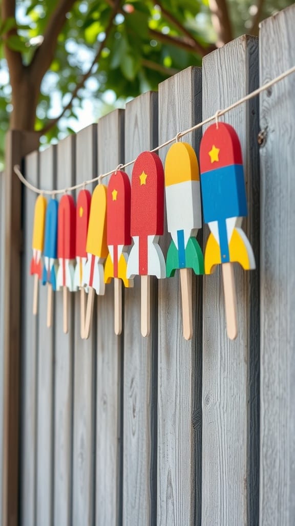 Colorful DIY popsicle garland hanging on a wooden fence.