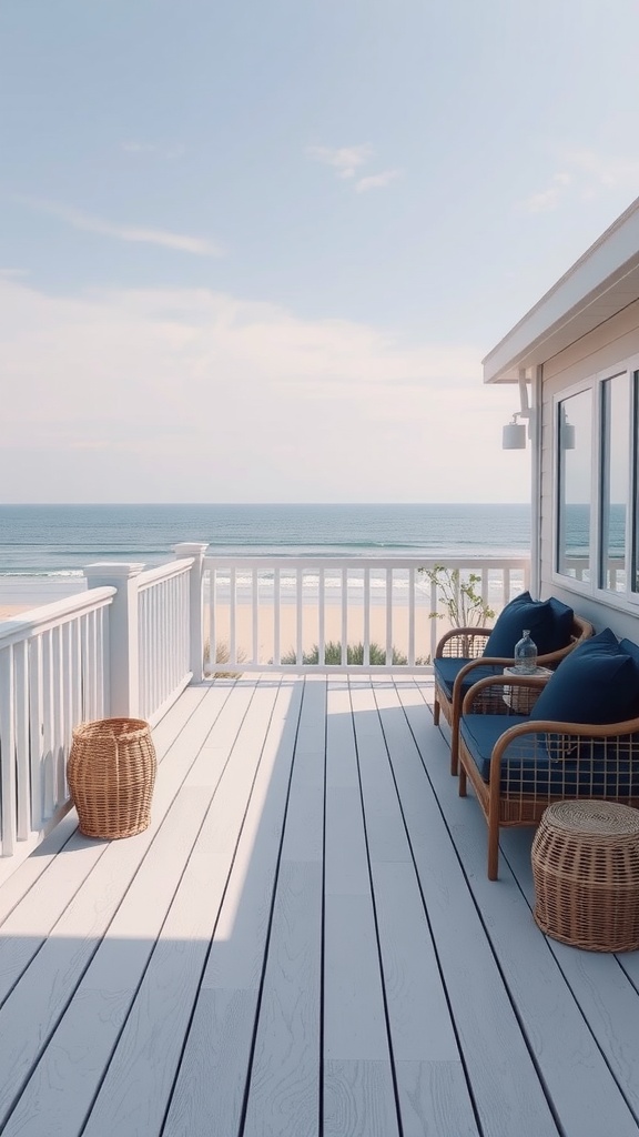 Coastal deck with driftwood gray finish and beach view.