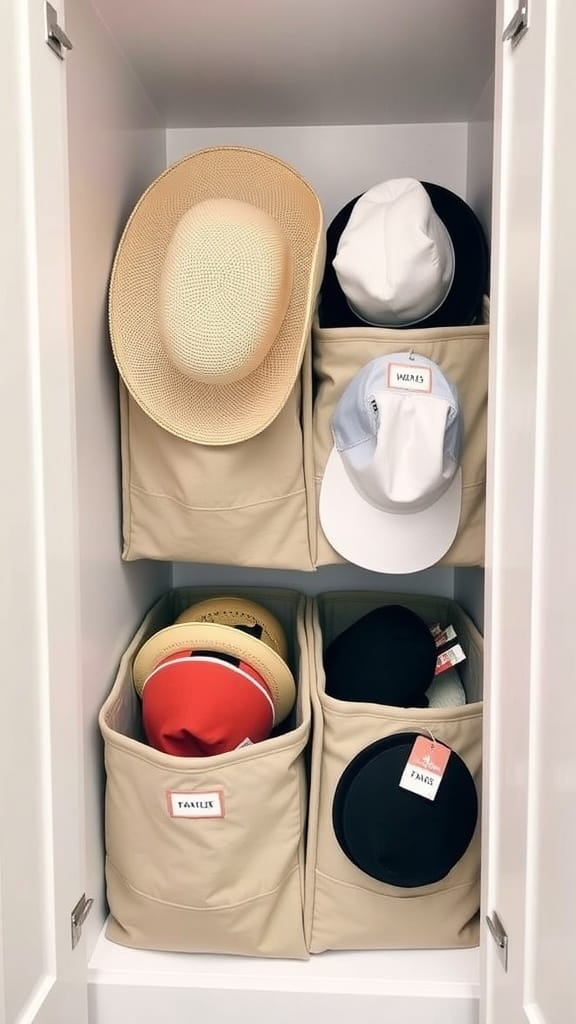Fabric bins on deep closet shelves holding various hats.