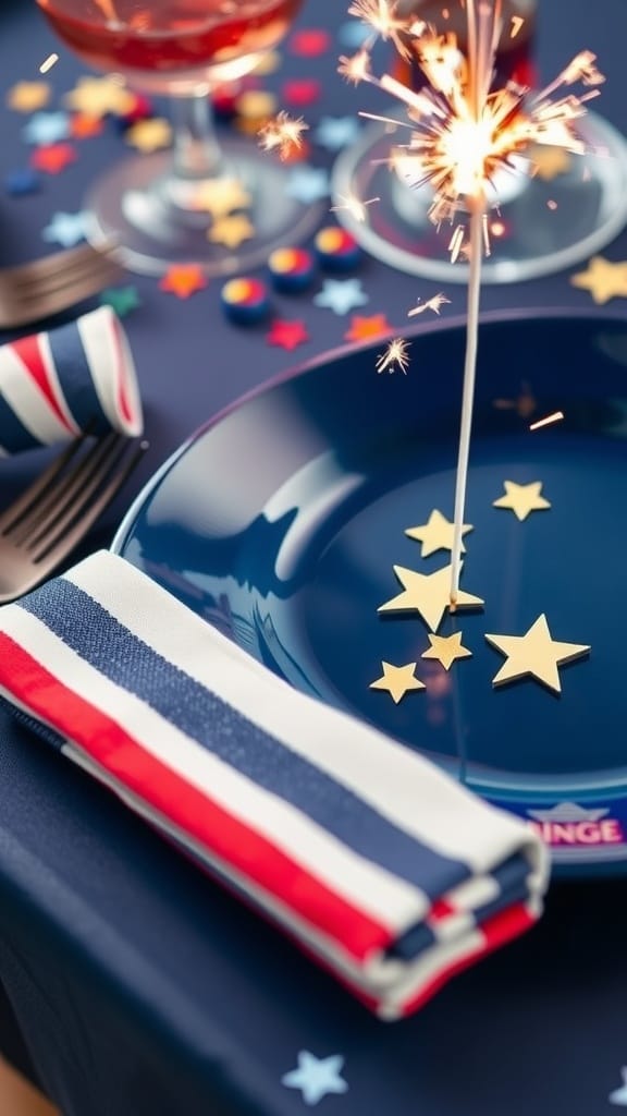 Table setting featuring navy plates, striped napkins, and sparkling star decorations.