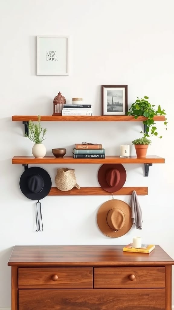 A stylish setup featuring floating wooden shelves with various hats hung on hooks, alongside decorative items.
