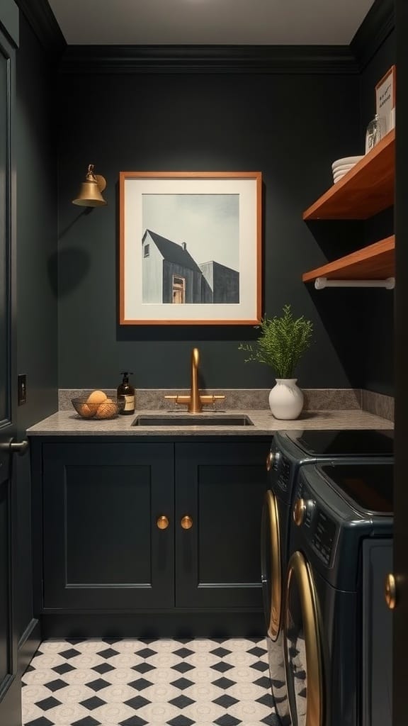 A stylish laundry room featuring dark paint, brass accents, and contemporary decor.