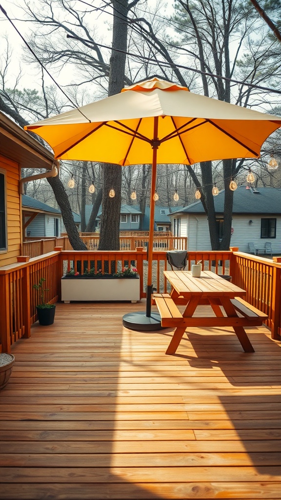 A wooden deck stained in golden oak color with a sunny atmosphere.