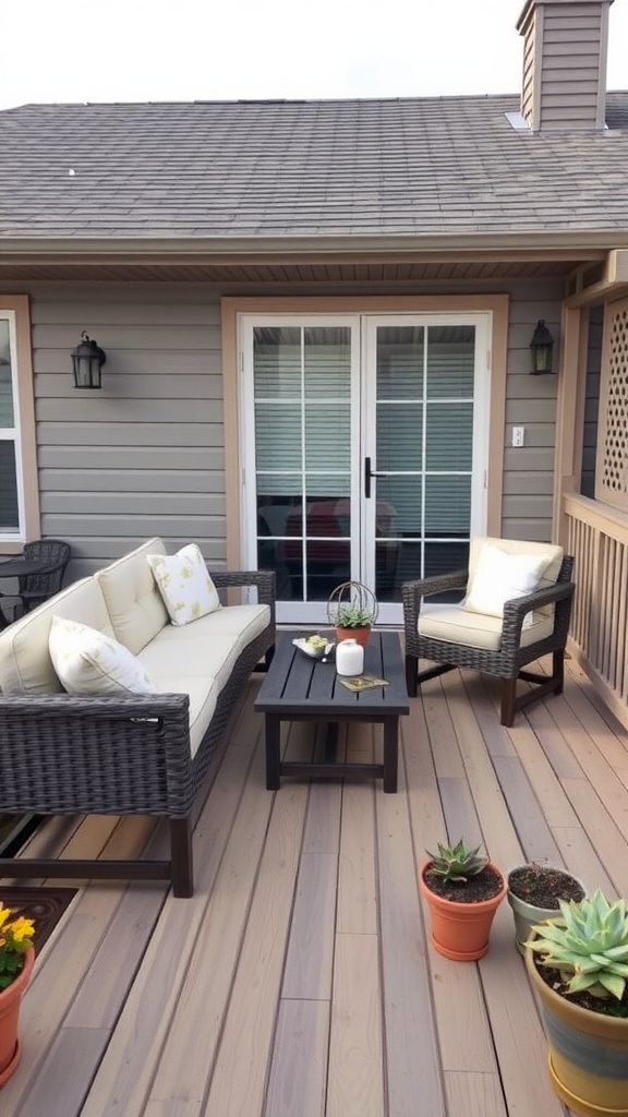 Greige (grey+beige) stained outdorr deck with patio furniture.