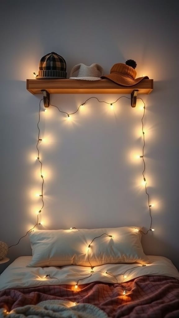 A wooden shelf with hats on top and clip lights surrounding it.