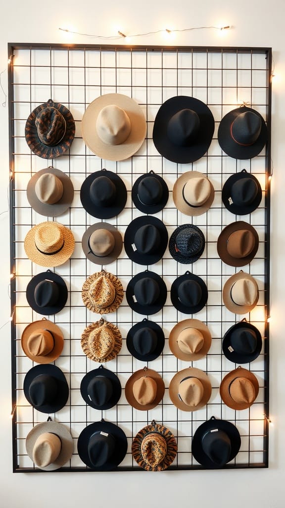 A wall grid display featuring various hats arranged neatly.
