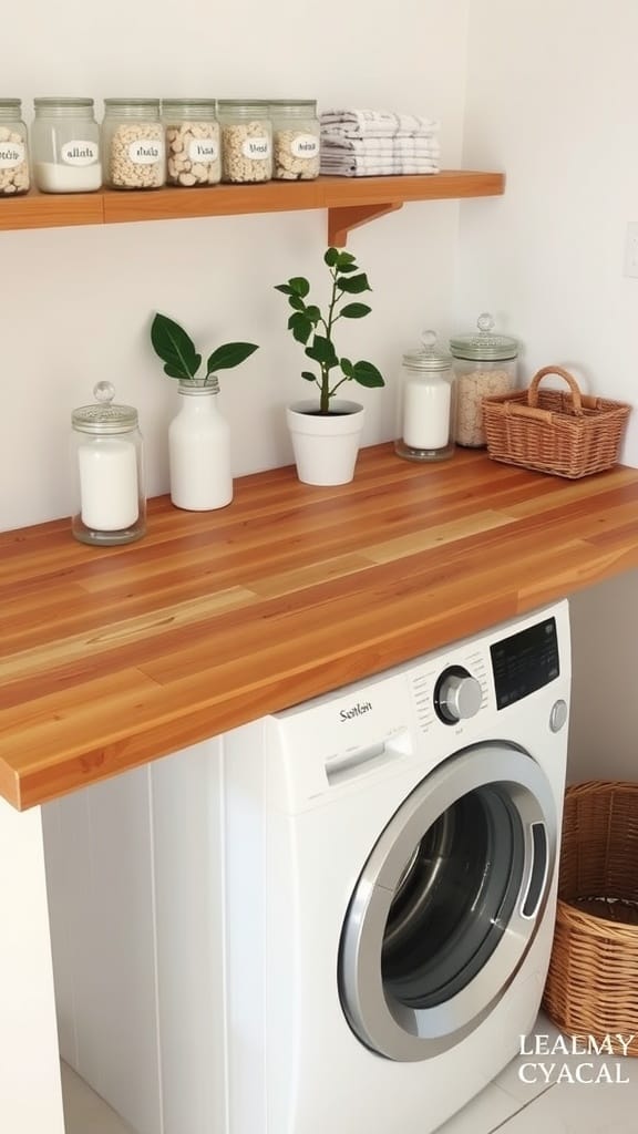 A built-in folding counter in a modern laundry room.