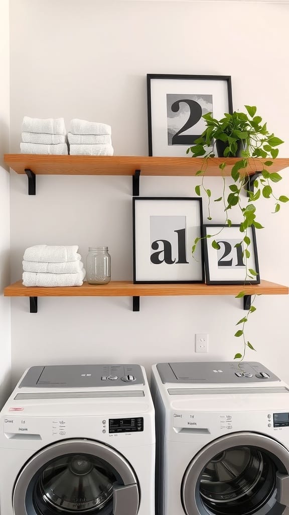 A modern laundry room with floating wood shelves displaying towels and decorative frames.