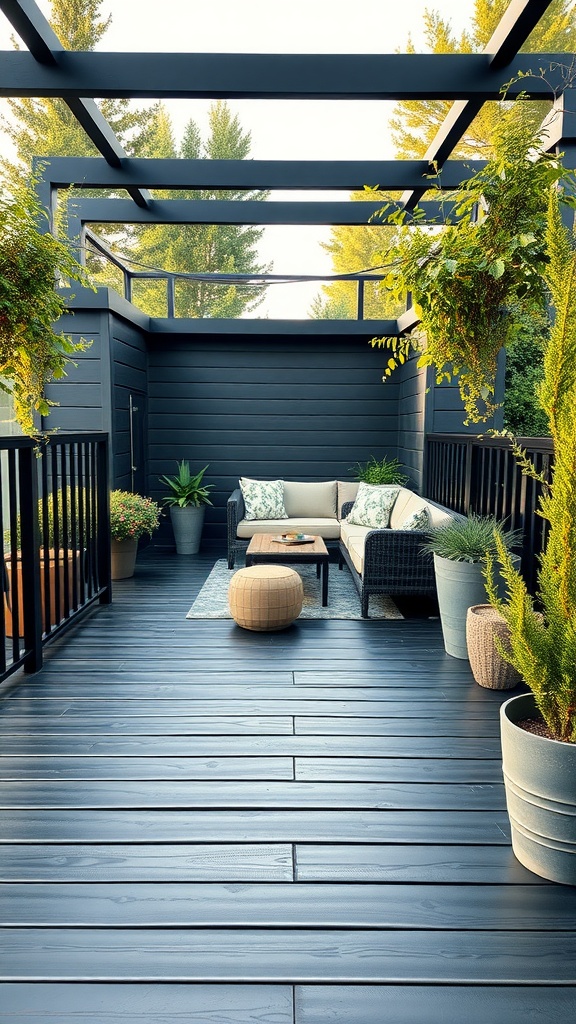 A chic deck painted in jet black with stylish furniture and greenery.